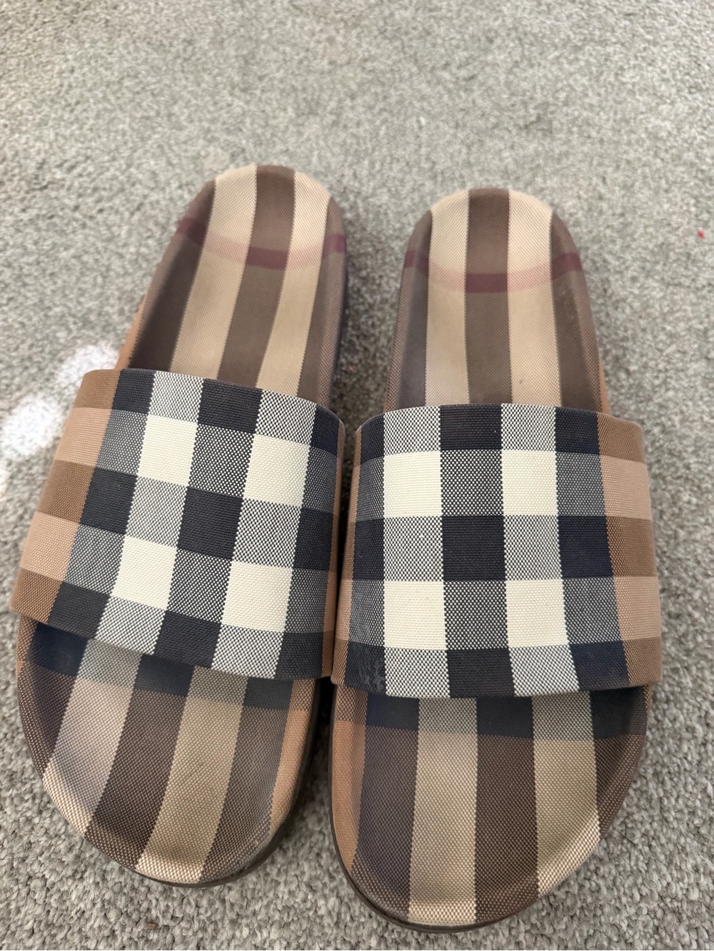 Burberry Tan and Black Check Slide Sandals